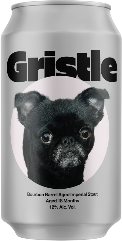 Gristle Bourbon Barrel Aged Imperial Stout12oz Can Label featuring Gristle, the dog