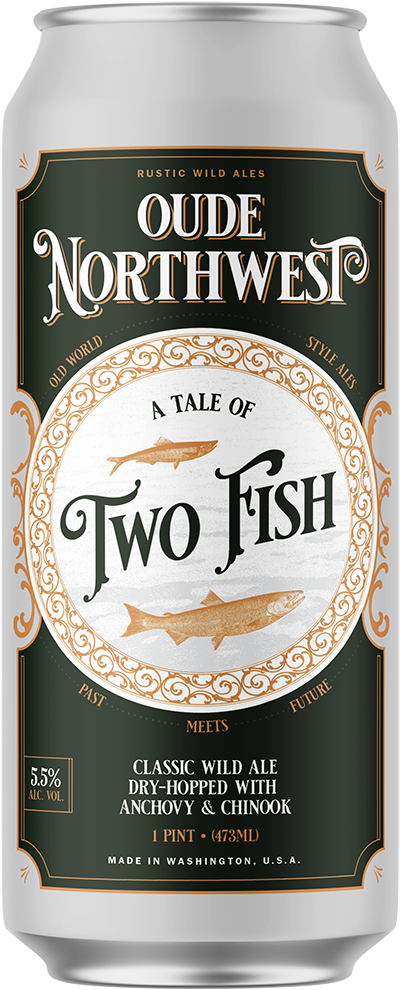 A Tale of Two fish, a Classic Wild Ale dry hopped with chinook and anchovy hops 16oz Can Label by Oude Northwest
