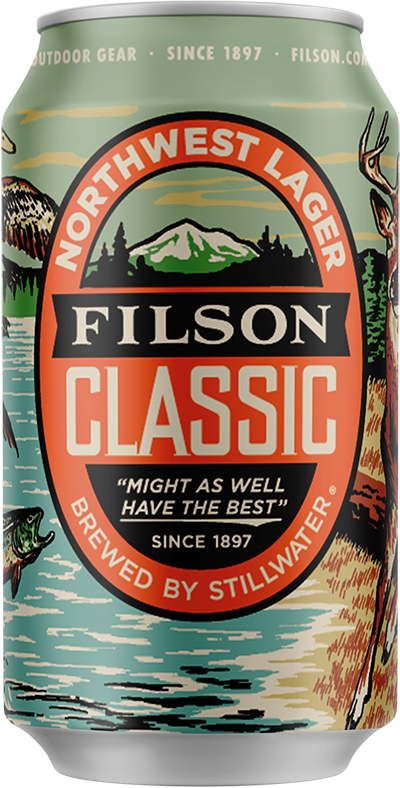 Filson Classic Northwest Lager by Stillwater featuring a scene of a pacific northwest mountain lake with fish, duck and deer.